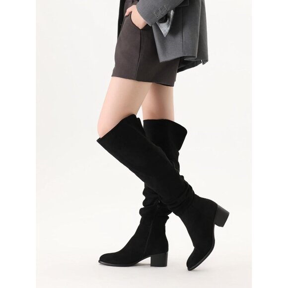 Women's Black Suede Over The Knee Thigh High Chunky Block Heel Pointed Toe Boots - Picture 5 of 7